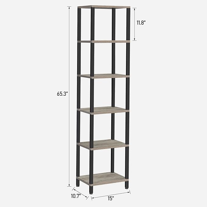 TUTOTAK Bookshelf, 6-Tier Tall Book Shelf, Narrow Bookcase for Small Space, DIY Stackable Bookshelf, for Living Room, Office, Study, Entryway, Industrial, Greige and Black BS01BG006 - LeafyLoom