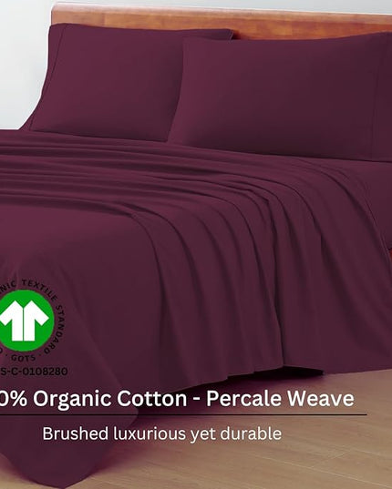 LANE LINEN 100% Organic Cotton Full Sheets Set 4-Piece Pure Percale Long Staple Soft Bedding Breathable Fits Mattress Upto 15" Deep - Windsor Wine - LeafyLoom