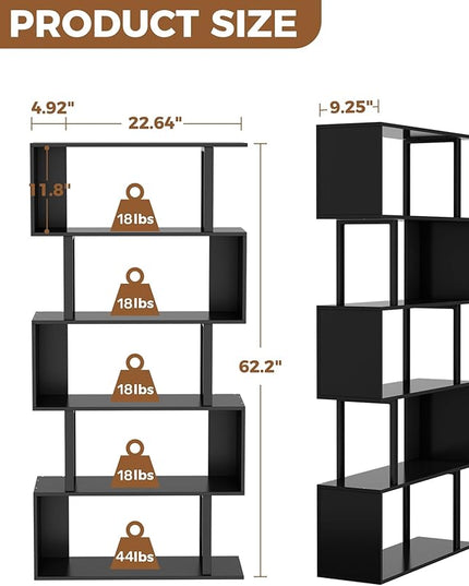 Gadroad 5-Tier Geometric Bookcase,S Shaped Bookshelf, Wood Decorative Storage Shelving, Modern Freestanding Display Shelves, Tall Book Shelf Unit for Living Room Bedroom, Black - LeafyLoom
