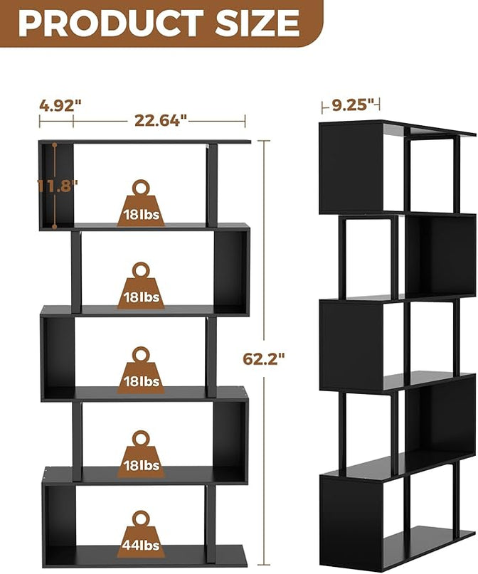 Gadroad 5-Tier Geometric Bookcase,S Shaped Bookshelf, Wood Decorative Storage Shelving, Modern Freestanding Display Shelves, Tall Book Shelf Unit for Living Room Bedroom, Black - LeafyLoom
