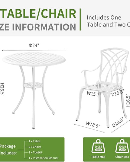 Patio Bistro Set 3 Piece with Umbrella Hole, Outdoor Bistro Table and Chairs Set of 2, Patio Bistro Set 3 Piece white, Cast Aluminum Furniture for Park Yard Front Porch - LeafyLoom