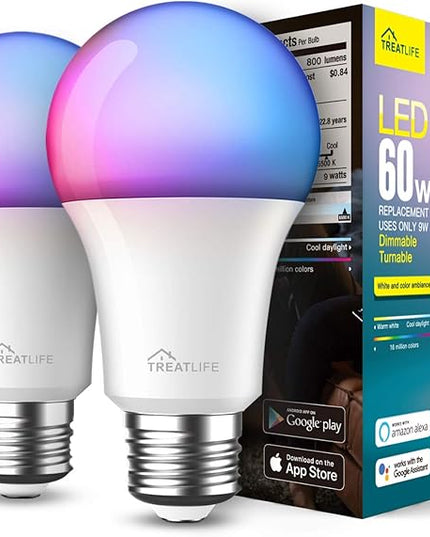 Treatlife Smart Light Bulb, Dimmable Multicolor and White LED Bulb, Compatible with Alexa, Google Assistant, A19 E26 8W (60W Equivalent), No Hub Required, 2 Pack TREATLIFE