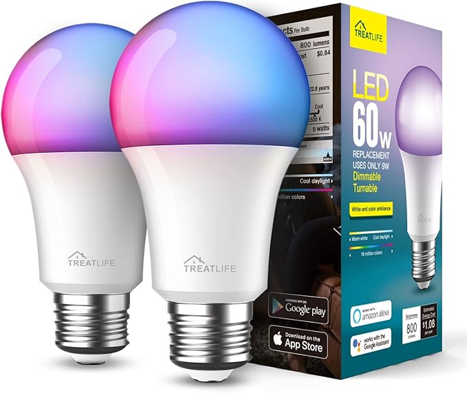 Treatlife Smart Light Bulb, Dimmable Multicolor and White LED Bulb, Compatible with Alexa, Google Assistant, A19 E26 8W (60W Equivalent), No Hub Required, 2 Pack TREATLIFE