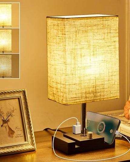 Fully Dimmable Nightstand Lamp for Bedroom with AC Outlet, Table Lamp with Two Phone Stands, Bedside Lamps, Desk Lamp for Bedroom, Living Room, LED Bulb Included Cream - LeafyLoom