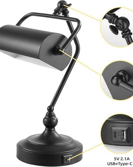 CONCA Classic Antique Touch Adjustable LED Desk Lamp, Bank Lamp, Piano Lamp, Eye Protection Table Lamp with Output Charging Port (Bulb Included in Package) (Black) - LeafyLoom