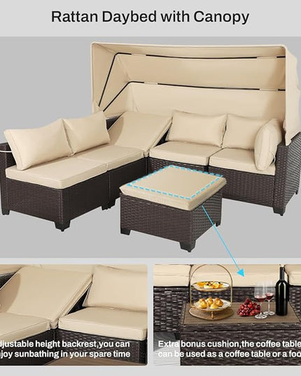 6 PCS Outdoor Patio Furniture Set,Sectional Sofa Set,Rattan Daybed with Retractable Canopy,Adjustable Backrest,Storage Coffee Table for Porch Garden Poolside Backyard(Khaki) - LeafyLoom