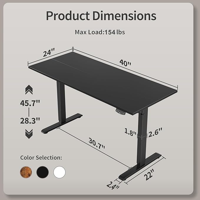 Electric Standing Desk 40 x 24 Inches, Height Adjustable Desk, Sit Stand up Desk for Work Office Home, Ergonomic Rising Gaming Computer Table with Memory Preset, Black - LeafyLoom