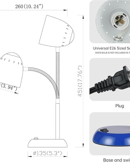 Eye-Caring Table Lamp of Simple Designs Home E26 Led Screw Basic Metal Desk Lamp with Flexible Gooseneck Hose Neck Study Lamp for Bedroom Office Living Room Convenient On/Off Switch (Dark blue) - LeafyLoom