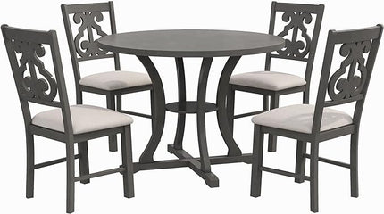 5-Piece Round Dining Table and 4 Chairs Set with Storage Shelf, Special-Shaped Legs and an Exquisitely Designed Hollow Back for Kitchen Living Room, Gray, 42" L x 42" W x 30" H - LeafyLoom