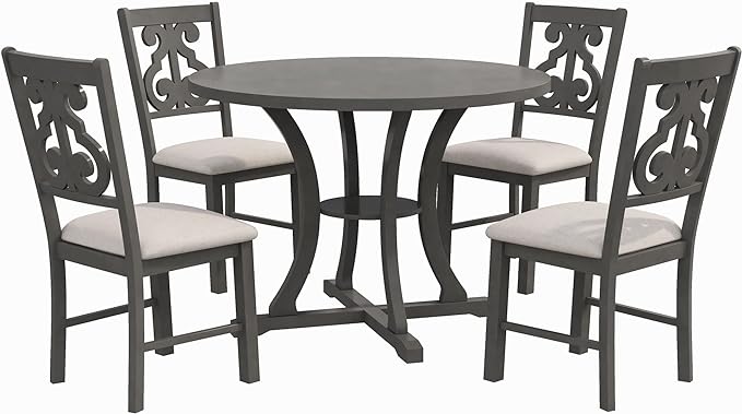 5-Piece Round Dining Table and 4 Chairs Set with Storage Shelf, Special-Shaped Legs and an Exquisitely Designed Hollow Back for Kitchen Living Room, Gray, 42" L x 42" W x 30" H - LeafyLoom