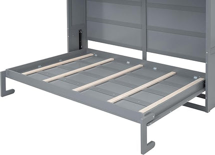 Merax Modern Farmhouse Solid Wood Murphy Cabinet Bed with Top Cabinets, Tall Wall Platform Bed No Box Spring Needed/Easy Assemble Queen,Gray - LeafyLoom