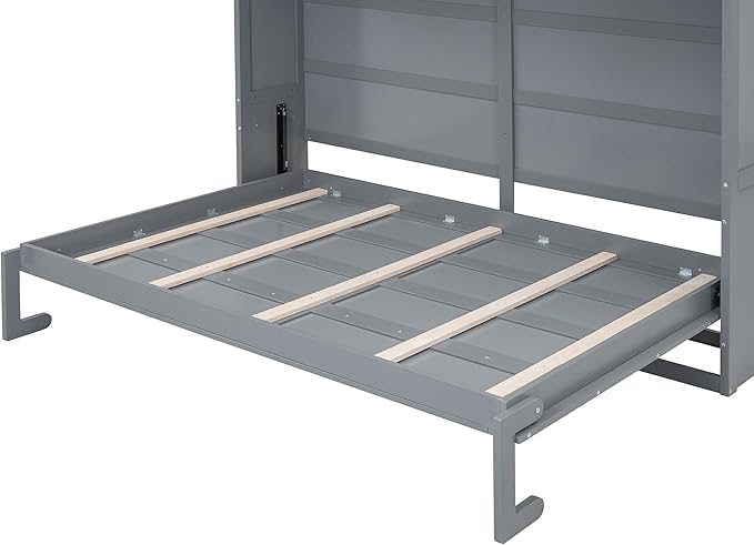 Merax Modern Farmhouse Solid Wood Murphy Cabinet Bed with Top Cabinets, Tall Wall Platform Bed No Box Spring Needed/Easy Assemble Queen,Gray - LeafyLoom