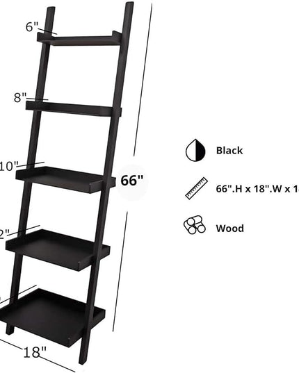 Kiera Grace Providence Hadfield 5 Tier Ladder Shelf Modern Leaning Bookshelf Storage Rack for Home, Office, 18" x 67", Black - LeafyLoom