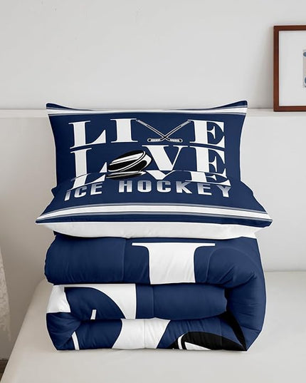Feelyou Ice Hockey Bedding Set Queen Size Ice Sports Games Comforter Set for Kids Boys Girls Decor Hockey Player Comforter Microfiber Puck Hockey Duvet Set Bedroom Quilt Set - LeafyLoom