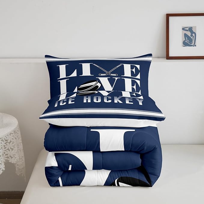 Feelyou Ice Hockey Bedding Set Queen Size Ice Sports Games Comforter Set for Kids Boys Girls Decor Hockey Player Comforter Microfiber Puck Hockey Duvet Set Bedroom Quilt Set - LeafyLoom