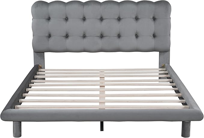 Queen Size Velvet Platform Bed with LED Lights and Remote Control,Bedroom Wooden Bed Frame w/Thick & Soft Fabric,Button-tufted Design Headboard,for Girls Boys Kids Teens Adults,Gray - LeafyLoom