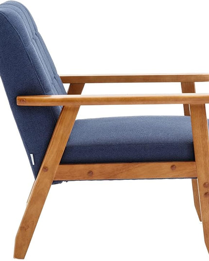 Mid-Century Accent, Modern Single Armchair, Upholstered Leisure Lounge Chair wth Solid Wood Armrest and Feet for Living Room, Bedroom, Office, Navy Blue - LeafyLoom