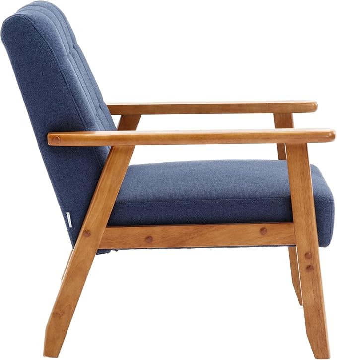 Mid-Century Accent, Modern Single Armchair, Upholstered Leisure Lounge Chair wth Solid Wood Armrest and Feet for Living Room, Bedroom, Office, Navy Blue - LeafyLoom