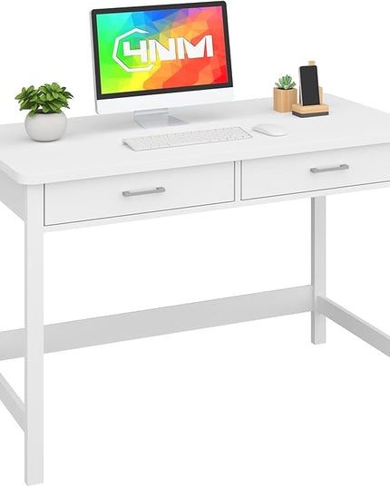 4NM 39.4" Small Desk with Wood Drawers, Home Office Computer Desk with Wooden Legs, Study Writing Table Vanity Desk for Small Spaces - White - LeafyLoom