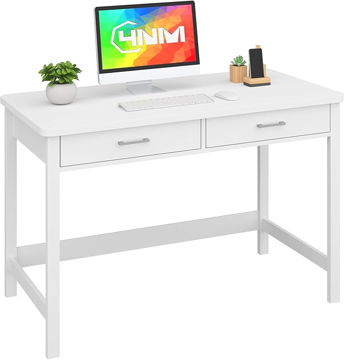 4NM 39.4" Small Desk with Wood Drawers, Home Office Computer Desk with Wooden Legs, Study Writing Table Vanity Desk for Small Spaces - White - LeafyLoom