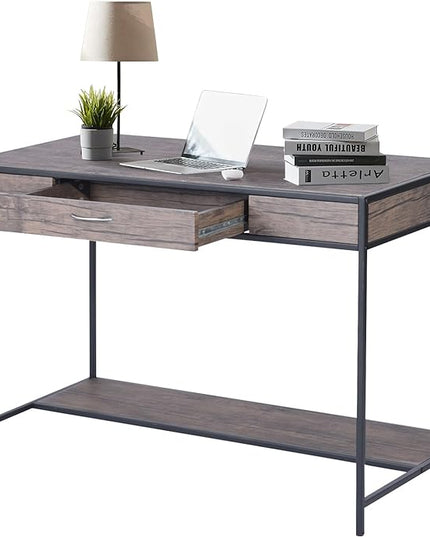 FurnitureR Vintage Wooden Computer Desk with Drawer, 43 Inches Industrial Writing Desk Workstation with Metal Legs and Bottom Shelf for Home Office, Brown - LeafyLoom