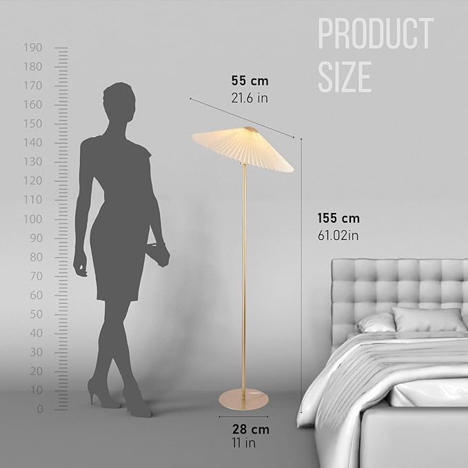 KUNJOULAM Pleated Floor Lamp, Gold Pole Floor Lamps, Simple Design Tall Lamp with Beige Lampshade, Standing Lamp for Living Room, Bedroom, Office, Home - LeafyLoom
