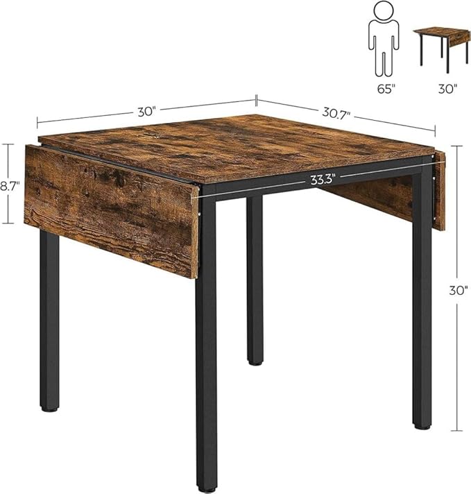 VASAGLE Folding Dining Table, Drop Leaf Extendable, for Small Spaces, Seats 2-4 People, Industrial, 33.3 x 30.7 x 30 Inches,Brown - LeafyLoom