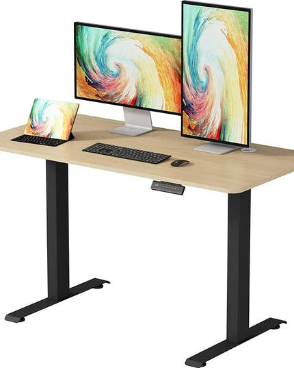 Height Adjustable Electric Standing Desk, 48 x 24 Inches Sit Stand up Desk, Home Office Desk with Whole-Piece Desktop, Maple Desktop/Black Frame - LeafyLoom