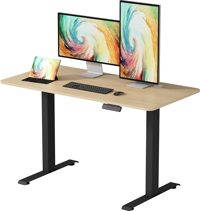 Height Adjustable Electric Standing Desk, 48 x 24 Inches Sit Stand up Desk, Home Office Desk with Whole-Piece Desktop, Maple Desktop/Black Frame - LeafyLoom