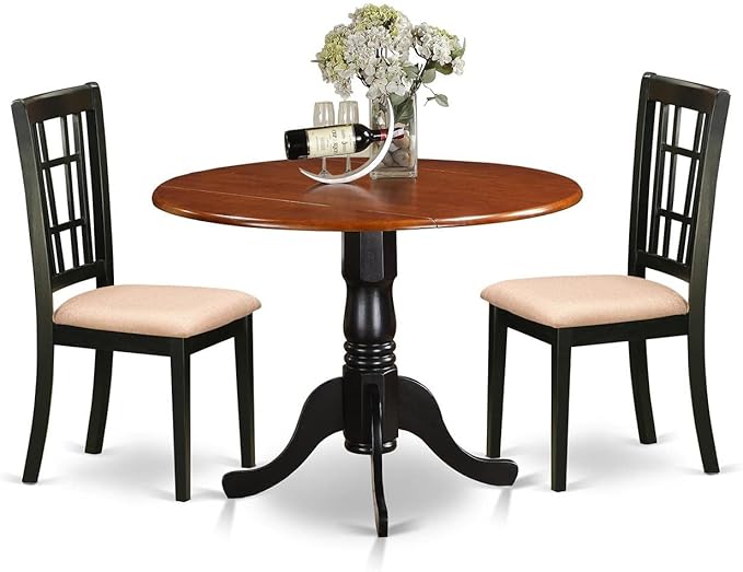 East West Furniture DLNI3-BCH-C 3 Piece Kitchen Set for Small Spaces Contains a Round Table with Dropleaf and 2 Linen Fabric Dining Room Chairs, 42x42 Inch - LeafyLoom