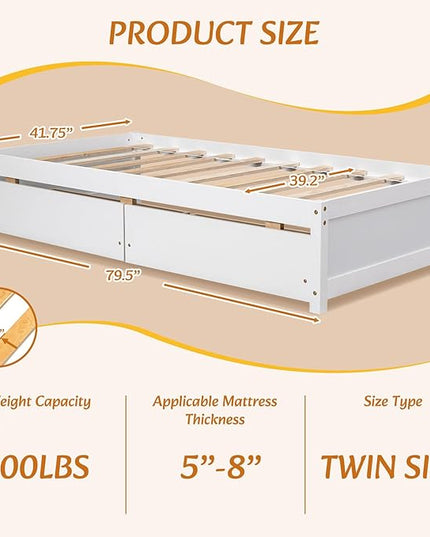 Twin Bed with 2 Storage Drawers, Solid Pinewood Twin Size Bed Frame,for Boys/Girls/Teens Bedroom, Easy to Assemble, No Box Spring Needed,White - LeafyLoom