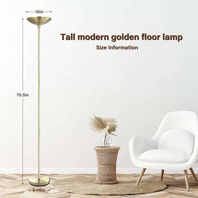 BoostArea Torchiere Standing Lamp,20W 2000LM LED Halogen Stepless Dimmable,Touch Control,50000hrs Lifespan,Pale Floor Lamps for Living Room, Bedroom,Gold - LeafyLoom