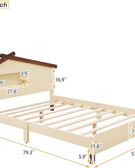 Bellemave Full Size Platform Bed with House-Shaped Headboard and Motion Activated Night Lights,Wood Full Kids Bed Frame for Teens, Girls,Boys(Full,Cream) - LeafyLoom