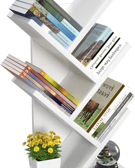 Topfurny Tree Bookshelf, 4-Tier Book Storage Organizer Shelves Floor Standing Bookcase, Wood Storage Rack for Office Home School Shelf Display for Cd/Magazine/Book -White - LeafyLoom