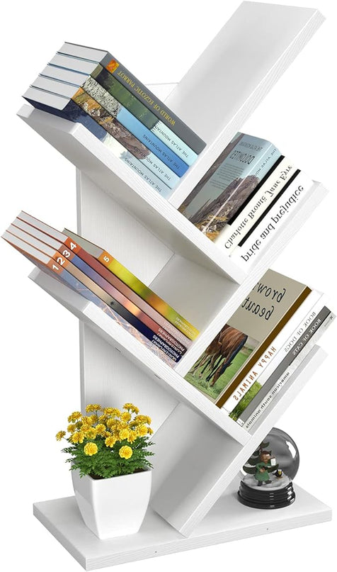 Topfurny Tree Bookshelf, 4-Tier Book Storage Organizer Shelves Floor Standing Bookcase, Wood Storage Rack for Office Home School Shelf Display for Cd/Magazine/Book -White - LeafyLoom