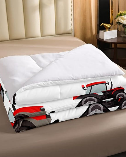 Red Tractor Comforter Set Full Size Heavy Equipment Truck Bedding Set For Kids Boys Girls Teens Harvester Tractor Down Comforter Farm Equipment Quilt Set Bedroom Collection 3Pcs Car Room Decor - LeafyLoom
