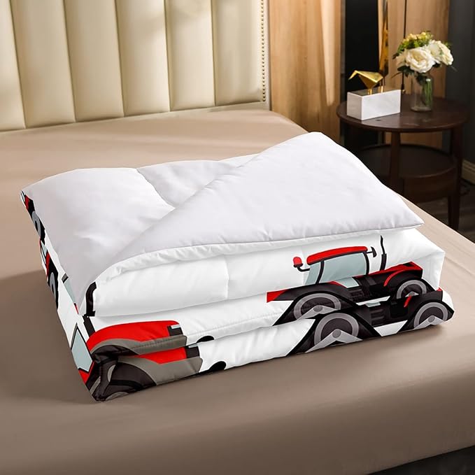 Red Tractor Comforter Set Full Size Heavy Equipment Truck Bedding Set For Kids Boys Girls Teens Harvester Tractor Down Comforter Farm Equipment Quilt Set Bedroom Collection 3Pcs Car Room Decor - LeafyLoom