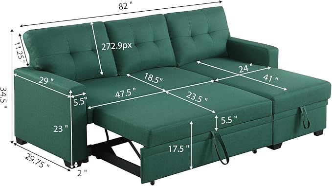 L Shape Sleeper Sofa Bed with Storage, Large Full Size Pull Out Sectional Couch, Futon Chaise Lounge Recliner for Living Room, Apartment, Bedroom, Office, Green - LeafyLoom