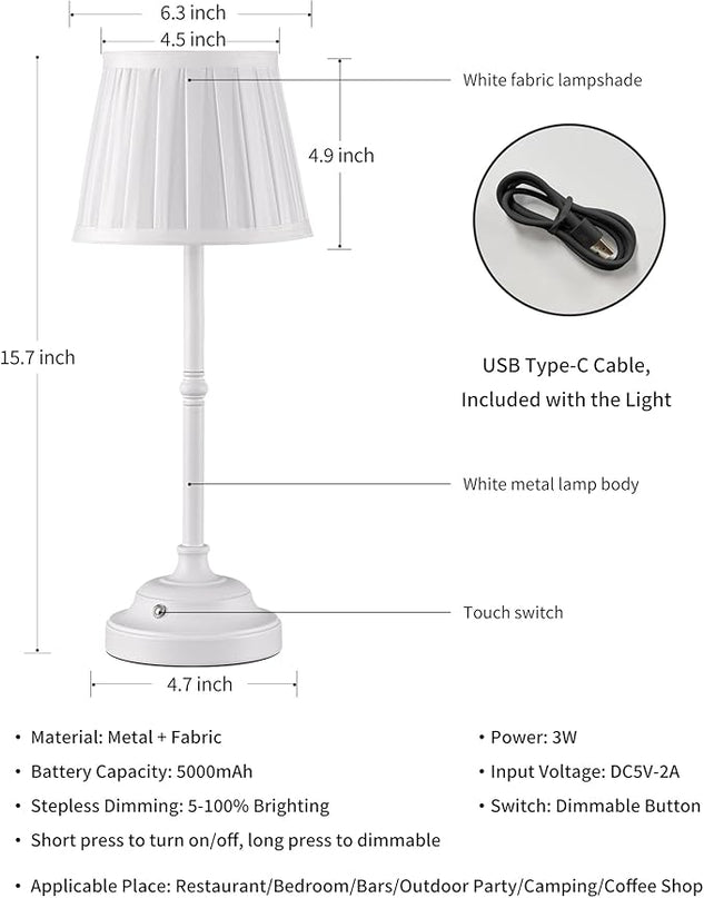 KDG Cordless LED Table Lamp Set of 2, Portables Fabric Shade Desk Lamps, 5000mAh Rechargeable Battery Powered Lighting, Dimmable Light for Dining Room, Bedroom, Bedside, Night Light, Balcony (Beige) - LeafyLoom
