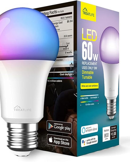 TREATLIFE Smart Light Bulbs, UL Certified WiFi Bluetooth Color Changing Light Bulb, A19 LED Smart Bulb Works with Alexa & Google Home, 60W Equivalent 800 Lumen, for Smart Home Lighting TREATLIFE