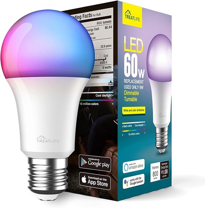 TREATLIFE Smart Light Bulbs, UL Certified WiFi Bluetooth Color Changing Light Bulb, A19 LED Smart Bulb Works with Alexa & Google Home, 60W Equivalent 800 Lumen, for Smart Home Lighting TREATLIFE