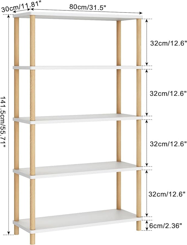 IBUYKE 5-Tier Wooden Open Bookcase - Modern Freestanding Bookshelf Storage Organizer,Standing Shelf Units,Multifunctional Display Stand for Bedroom, Living Room & Home Office,White WBC005W - LeafyLoom