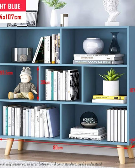 IOTXY Wooden Open Shelf Bookcase - 3-Tier Floor Standing Display Cabinet Rack with Legs, 7 Cubes Bookshelf, Bright Blue - LeafyLoom