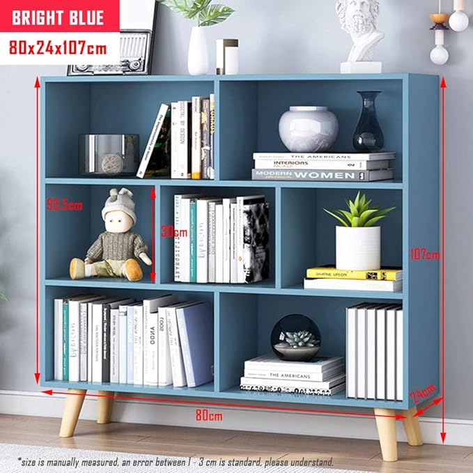 IOTXY Wooden Open Shelf Bookcase - 3-Tier Floor Standing Display Cabinet Rack with Legs, 7 Cubes Bookshelf, Bright Blue - LeafyLoom