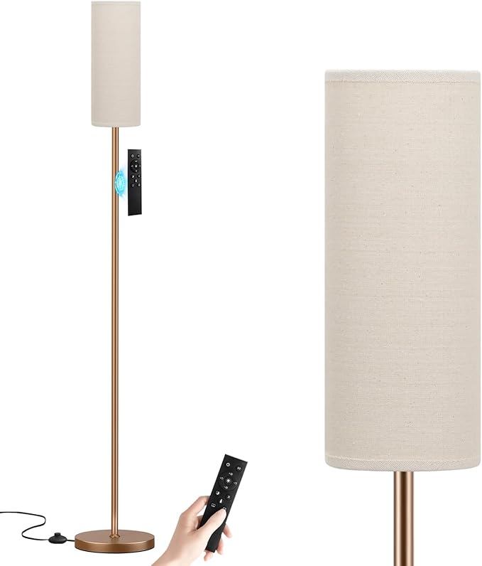 Ambimall 64'' Floor Lamps for Living Room with Remote Control and Stepless Dimmable Colors Temperature & Brightness, 9W Bulb Included(Beige Lampshade & Brown Pole) - LeafyLoom