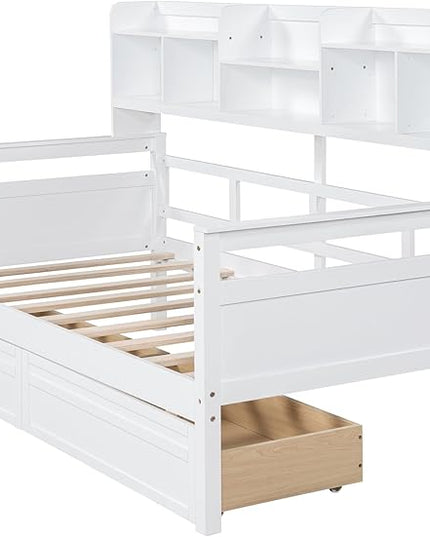 Merax Wood Daybed with with Bedside Shelves and Two Drawers, Twin Size Sofa Bed Frame for Kids Teens Adults, No Box Spring Needed White - LeafyLoom