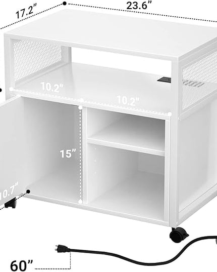 Unikito Rolling File Cabinet Lateral Office Filing Cabinets with Socket and USB Charging Port, Modern Printer Stand on Wheels, Printer Cabinet with Door and Open Storage, Lockable, White - LeafyLoom
