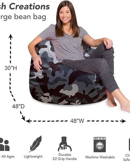 Posh Creations Bean Bag Chair for Kids, Teens, and Adults Includes Removable and Machine Washable Cover, Soft Nylon - Camo Dark and Black Gray, 48in - X-Large - LeafyLoom
