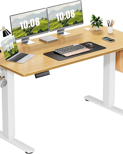 Sweetcrispy Electric Adjustable Height Standing Desk - 55 x 24 inch Sit to Stand Up Desk with Splice Board, Rising Home Office Computer Table with 2 Hook and Wire Hole for Work - LeafyLoom
