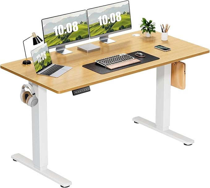 Sweetcrispy Electric Adjustable Height Standing Desk - 55 x 24 inch Sit to Stand Up Desk with Splice Board, Rising Home Office Computer Table with 2 Hook and Wire Hole for Work - LeafyLoom